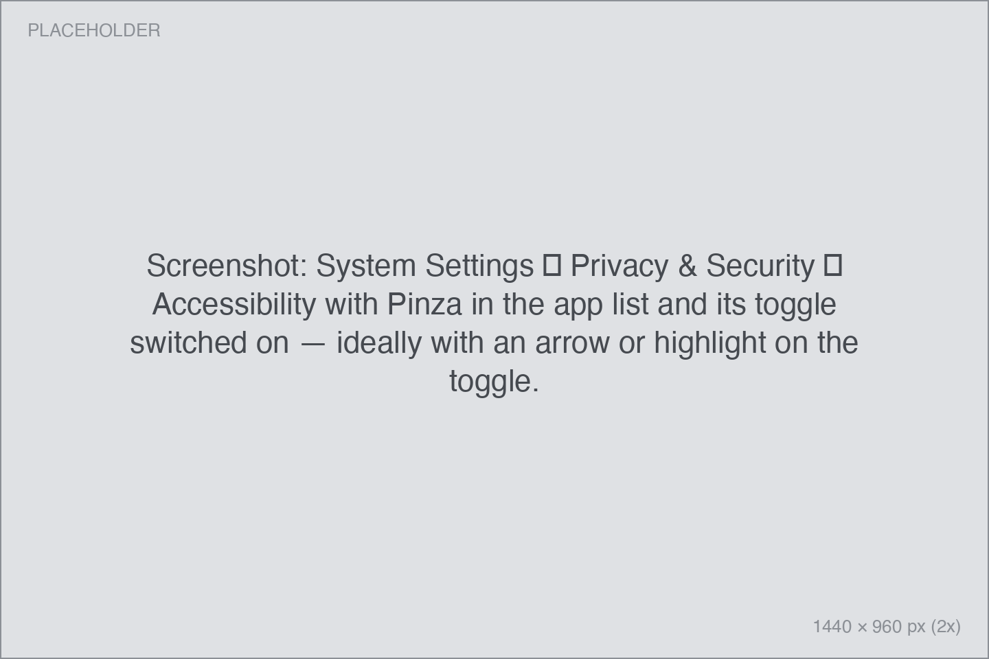 System Settings → Privacy & Security → Accessibility with Pinza in the app list and its toggle switched on — ideally with an arrow or highlight on the toggle.