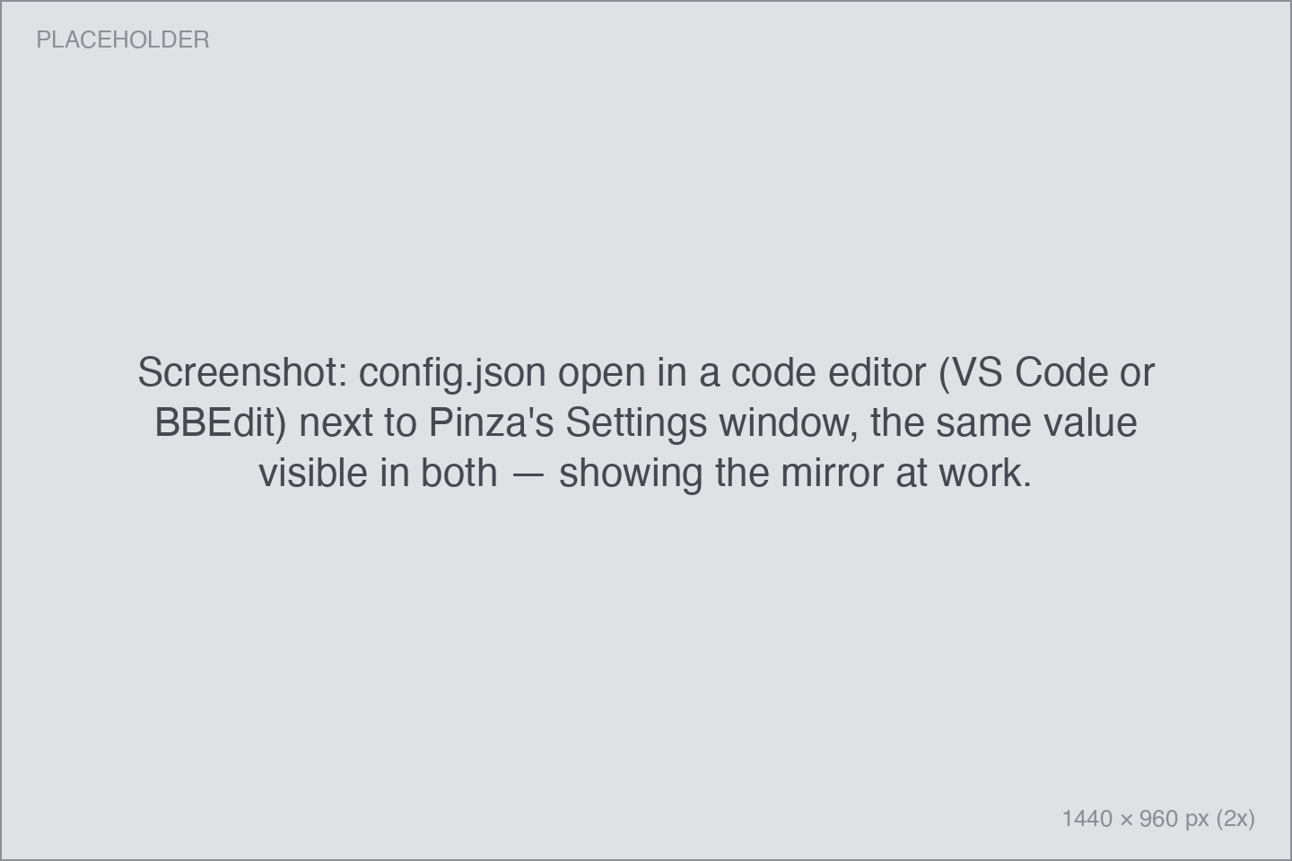 config.json open in a code editor (VS Code or BBEdit) next to Pinza's Settings window, the same value visible in both — showing the mirror at work.