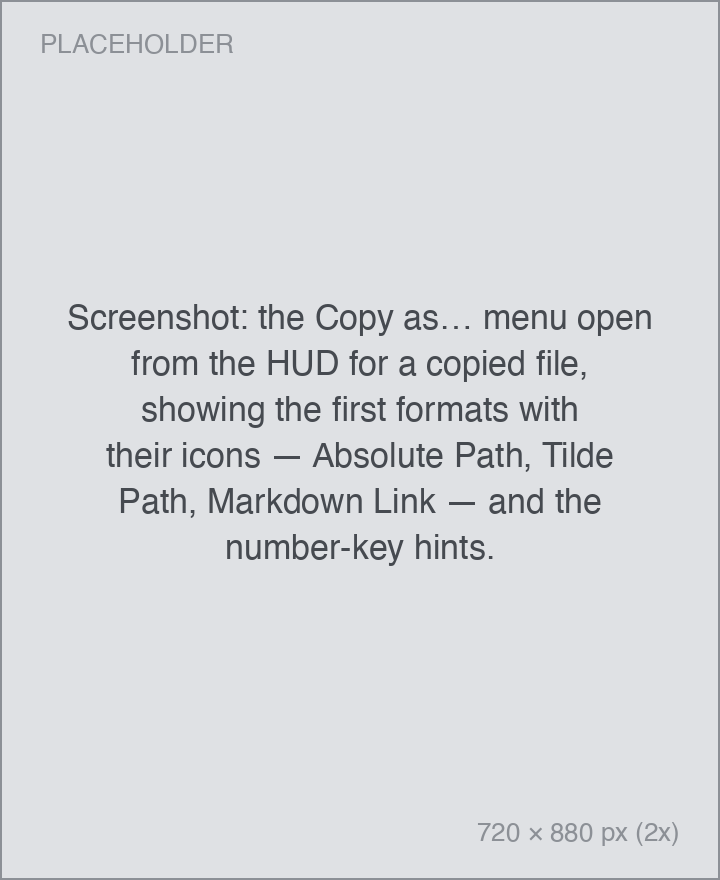 the Copy as… menu open from the HUD for a copied file, showing the first formats with their icons — Absolute Path, Tilde Path, Markdown Link — and the number-key hints.