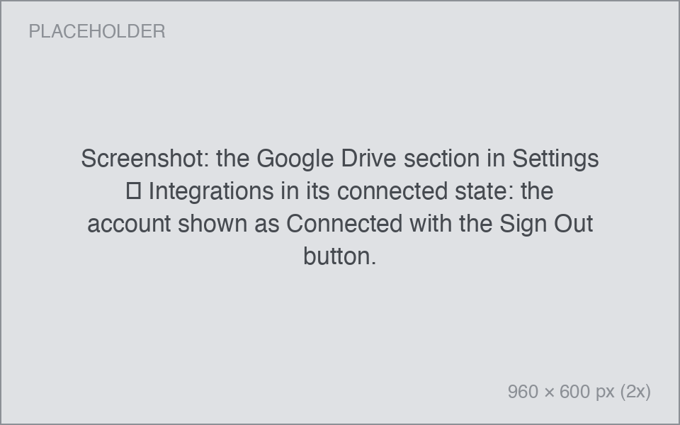 the Google Drive section in Settings → Integrations in its connected state: the account shown as Connected with the Sign Out button.