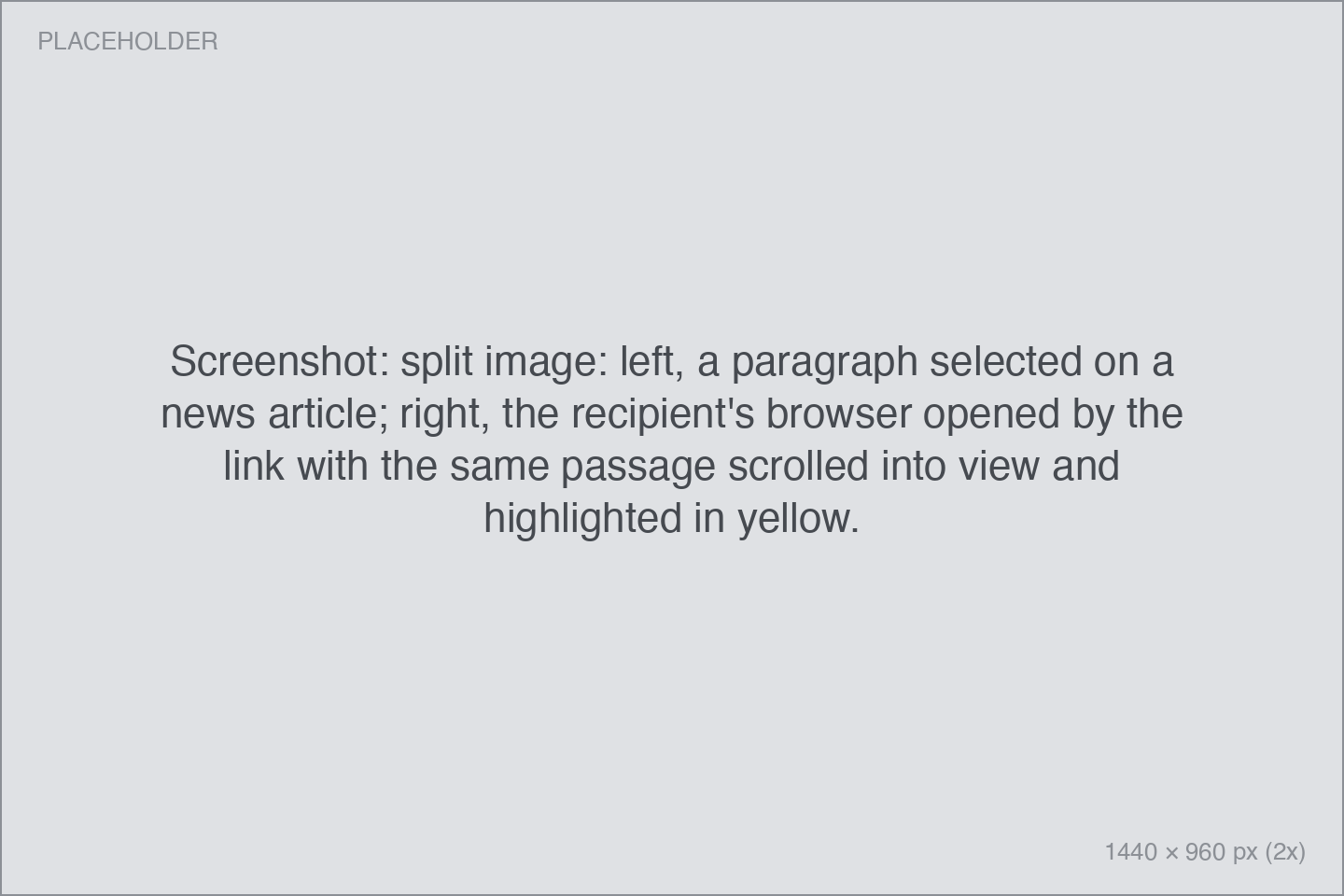 split image: left, a paragraph selected on a news article; right, the recipient's browser opened by the link with the same passage scrolled into view and highlighted in yellow.