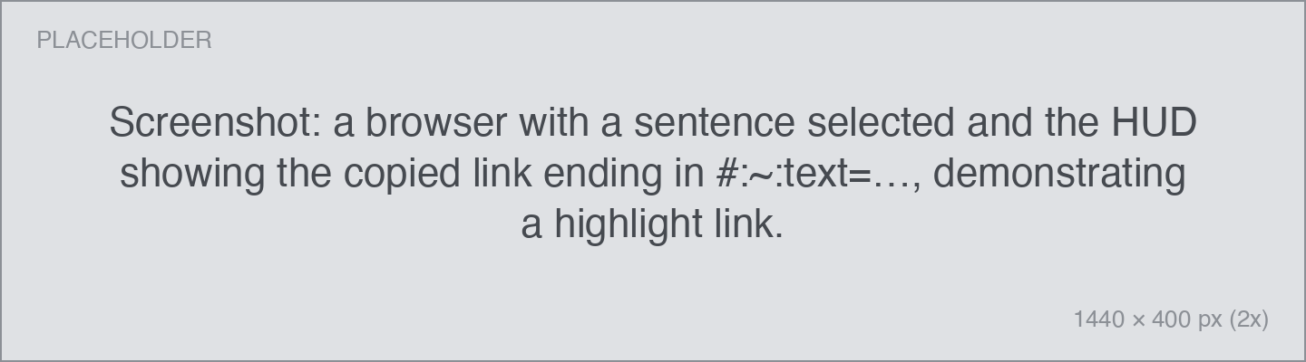 a browser with a sentence selected and the HUD showing the copied link ending in #:~:text=…, demonstrating a highlight link.
