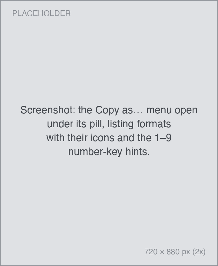 the Copy as… menu open under its pill, listing formats with their icons and the 1–9 number-key hints.