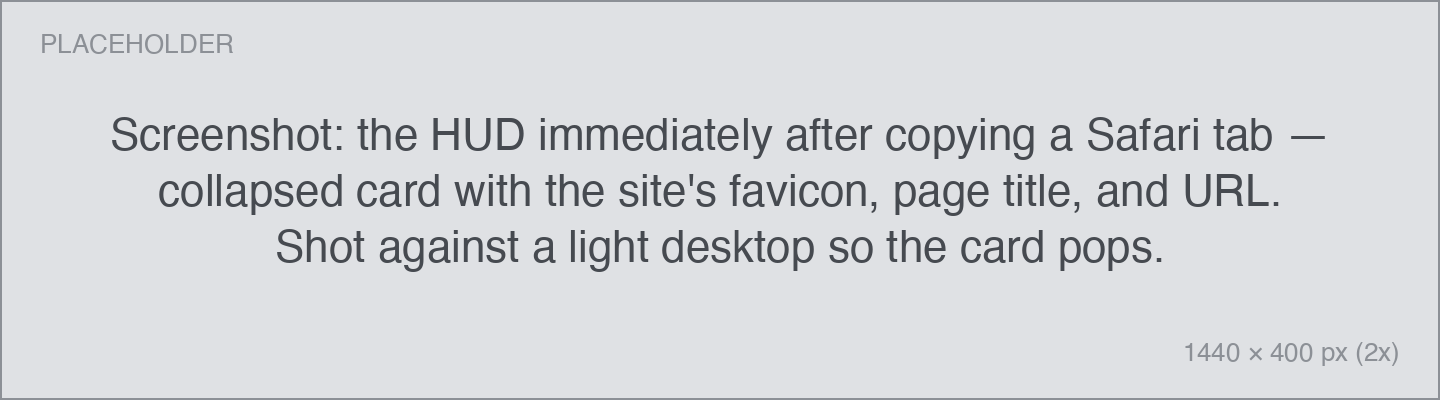 the HUD immediately after copying a Safari tab — collapsed card with the site's favicon, page title, and URL. Shot against a light desktop so the card pops.