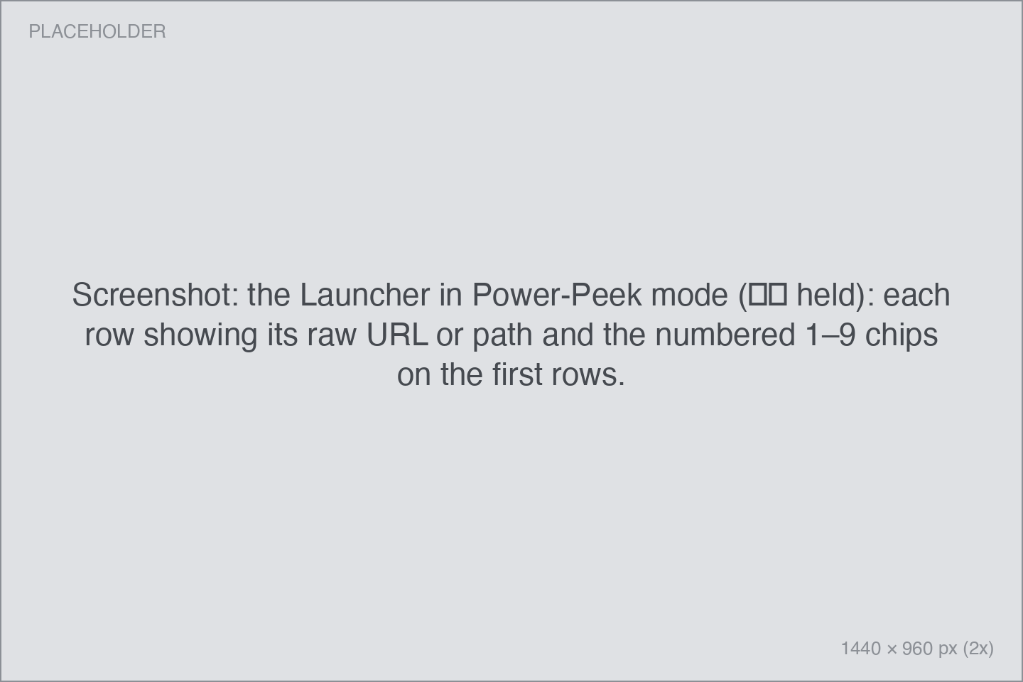 Screenshot: the Launcher in Power-Peek mode (⌘⌥ held): each row showing its raw URL or path and the numbered 1–9 chips on the first rows. the Launcher in Power-Peek mode (⌘⌥ held): each row showing its raw URL or path and the numbered 1–9 chips on the first rows.