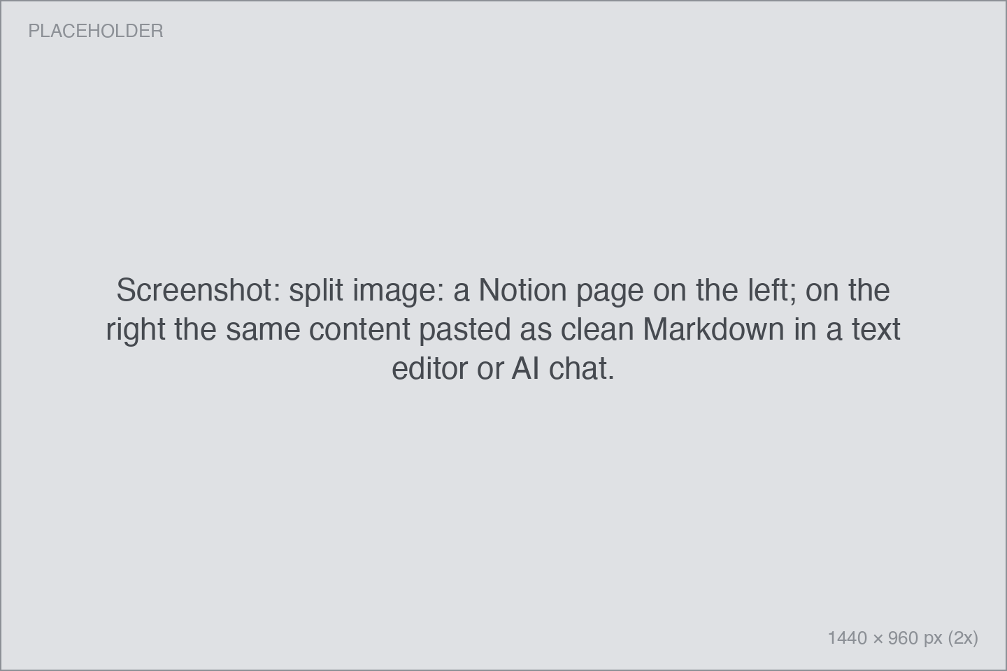 Screenshot: split image: a Notion page on the left; on the right the same content pasted as clean Markdown in a text editor or AI chat. split image: a Notion page on the left; on the right the same content pasted as clean Markdown in a text editor or AI chat.
