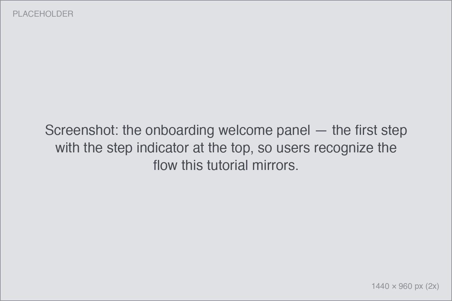 the onboarding welcome panel — the first step with the step indicator at the top, so users recognize the flow this tutorial mirrors.
