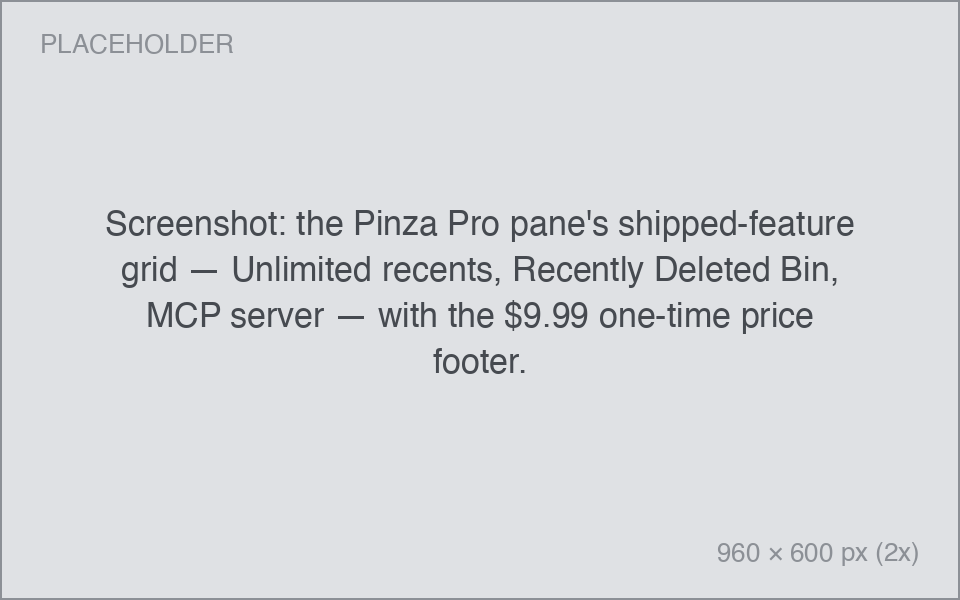 the Pinza Pro pane's shipped-feature grid — Unlimited recents, Recently Deleted Bin, MCP server — with the $9.99 one-time price footer.