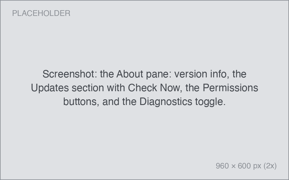the About pane: version info, the Updates section with Check Now, the Permissions buttons, and the Diagnostics toggle.