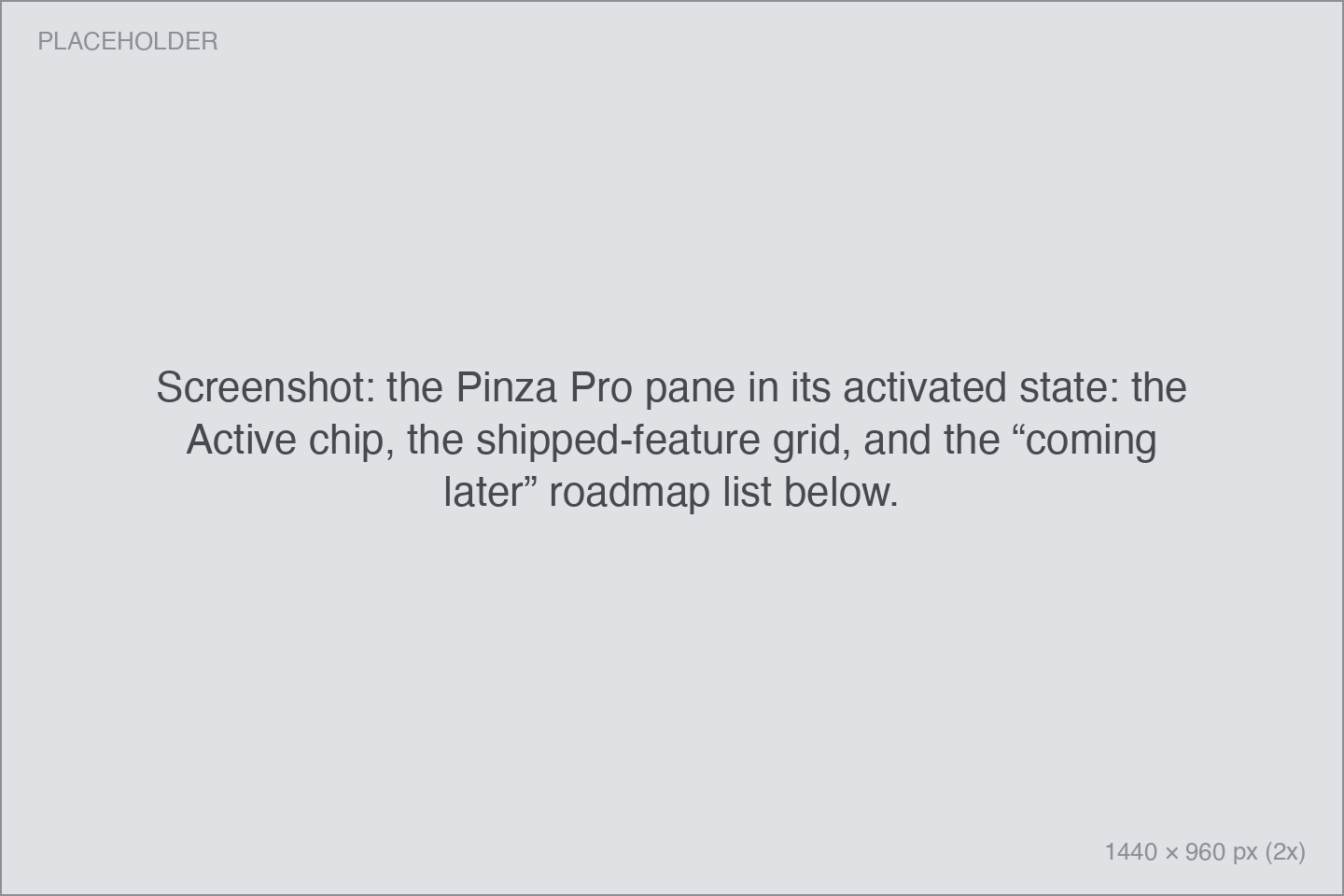 the Pinza Pro pane in its activated state: the Active chip, the shipped-feature grid, and the “coming later” roadmap list below.