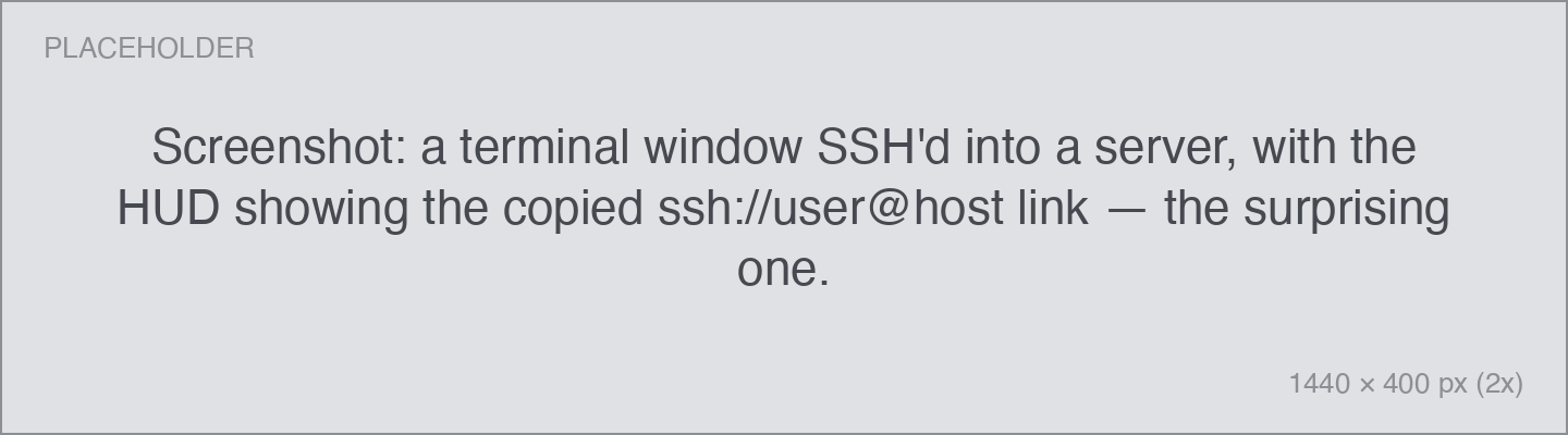 a terminal window SSH'd into a server, with the HUD showing the copied ssh://user@host link — the surprising one.
