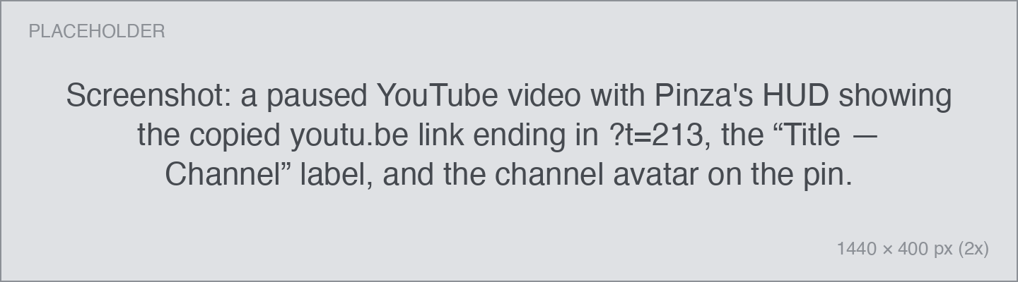 Screenshot: a paused YouTube video with Pinza's HUD showing the copied youtu.be link ending in ?t=213, the “Title — Channel” label, and the channel avatar on the pin. a paused YouTube video with Pinza's HUD showing the copied youtu.be link ending in ?t=213, the “Title — Channel” label, and the channel avatar on the pin.